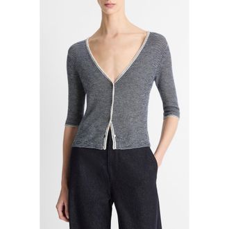 Vince Microstripe V-Neck Cashmere & Silk Cardigan in Off White/Coastal at Nordstrom Rack, Size Small