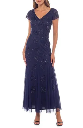Marina Rossini V-Neck Beaded Gown in Navy at Nordstrom, Size 4