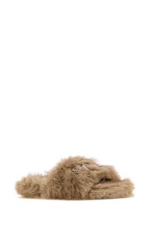 Balenciaga Womens Beige Eco Fur Slippers Cam-Slv-Crystal Strs T Polyester Cam/slv/crystal Flat Shoes
