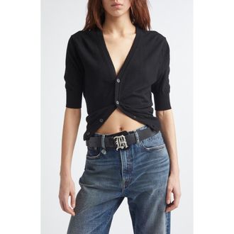R13 Elbow Sleeve Split Hem Merino Wool Cardigan in Black at Nordstrom, Size X-Small