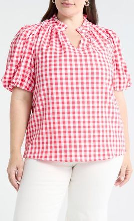 Sugarlips Ginham Ruffle Neck Top in Red-White at Nordstrom, Size 3 X