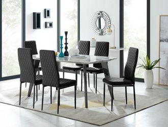 Furniturebox Andria Marble Effect Dining Table With Black Legs & 6 Milan Velvet Black Leg Chairs