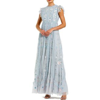 Mac Duggal Floral Embroidered Flutter Sleeve Maxi Gown in Powder Blue at Nordstrom, Size 12