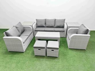 Fimous Patio PE Wicker 8 Seater Outdoor Rattan Furniture Sofa Sets w/ Oblong Coffee Table Reclining Chair Loveseat Sofa 3 Seater Sofa Stool 2 Side