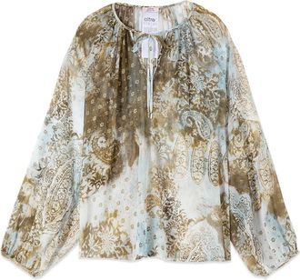Oltre Blouse met patroon en lange mouwen - Dames - Blouses - Bruin - M - Polyester - Overhemden