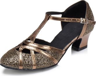 Minitoo Womens Latin Salsa T-Strap Closed Toe Synthetic Ballroom Dance Shoes Evening Wedding Pumps QJ6133 Bronze 5cm Heel UK 5.5