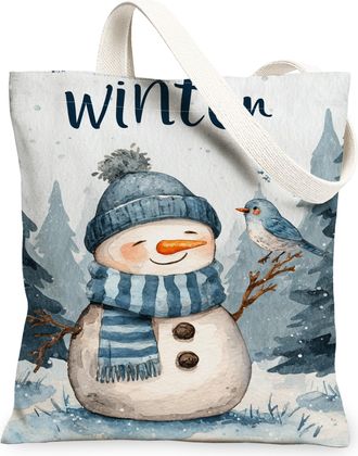 Generic Winter Snow Man Canvas Tote Bags, Cute Cold Character Design Reusable Grocery Bags, Lightweight Washable Shoulder Strap Can, Blue, 13x15 Inch