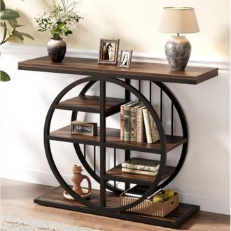 Tribesigns Tribesigns Console Table, 100 cm Industrial 5-Tier Sofa Table Entryway Furniture with Circle Base, Narrow Wood Accent Tables with Storage Shelves for