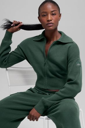 Alo | Scholar Knit Cropped Full Zip Jacket in Clover Green, Size: Small