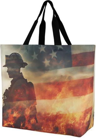 Generic Firefighter U.S. Flag Large Reusable Shopping Bag Lightweight Foldable Tote Bags Washable Shoulder Handbag