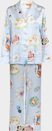Olivia Von Halle Lila Cadiz Seafood-Print Silk Satin Pajama Set