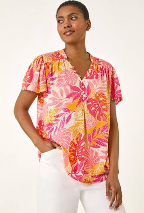Roman Leaf Print Shirred V-Neck Top