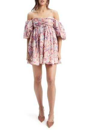 Bardot Kali Tuck Floral Off The Shoulder Minidress in Azure Floral at Nordstrom, Size 2