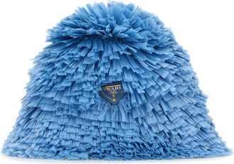 Prada Womens Embellished Raffia Bucket Hat Blue