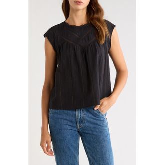 Lucky Brand Lace Inset Yoke Metallic Cotton Top in Caviar at Nordstrom, Size Xx-Large