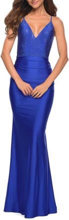 La Femme Jersey Dress with Rhinestone Beaded Top and V Neck in Royal Blue at Nordstrom, Size 10