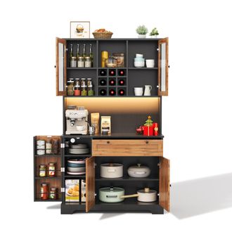 STILVORA Armario De Cocina Alto Con 5 Puertas Y 1 Caj&oacute;n Con Led Y Regleta Con Usb, Mdf, Negro Y Natural, 105x40x180 Cm