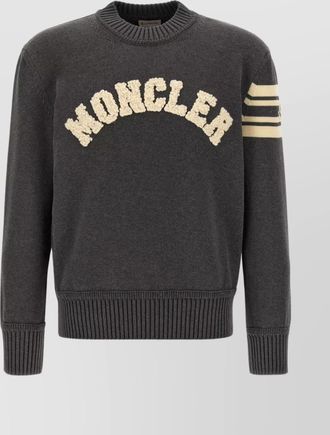 Moncler bouclé logo crew neck sweater with striped sleeve