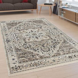 Paco Home Paco Home Alfombra Sal&oacute;n Pelo Corto Motivo Oriental Ornamentos Ribete Beige Crema 240x320 Cm