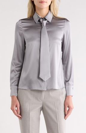Alice & Olivia Brady Slim Fit Stretch Silk Button-Up Shirt with Tie in Storm Grey at Nordstrom, Size Small