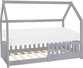ML Design Ml-design - Cama Infantil Gris Claro Con Colch&oacute;n De Espuma Fr&iacute;a 80x160 Cm Protecci&oacute;n Antica&iacute;da Techo Somier Estructura Listones De Madera Maciza Pino 