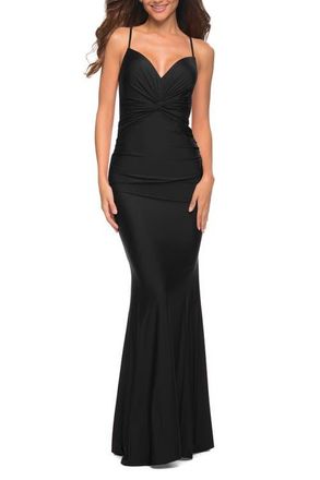 La Femme Prom Dress with Knot at Waist and Open Back in Black at Nordstrom, Size 10