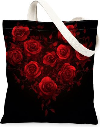 Generic Valentines Day Rose Floral Canvas Tote Bag for Shopping 13x15, Luxury Romantic Flower Love Reusable Grocery Print Bag for Women, Holiday Beach Aesthet