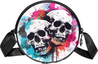 Generic Circle Crossbody Bag for Women, Skulls Small Sling Bag Daypack with Zipper Adjustable Shoulder Straps Casual Ladies Girls Round Purse