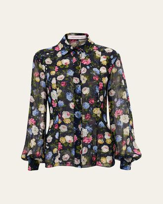 Carolina Herrera Isabella Rose-Print Silk Chiffon Button-Down Shirt