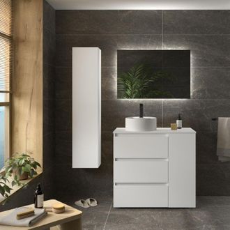 Cygnus Bath Mueble De Ba&ntilde;o Bequia Plus 3c 90cm Blanco Mate Lavabo Sobre Encimera Porcelana Lado Reversible