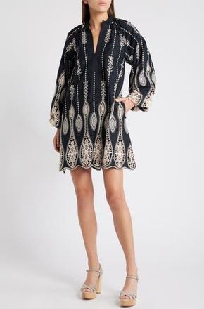 Ciebon Dianna Embroidered Long Sleeve Cotton Shift Dress in Black/cream at Nordstrom Rack, Size X-Small