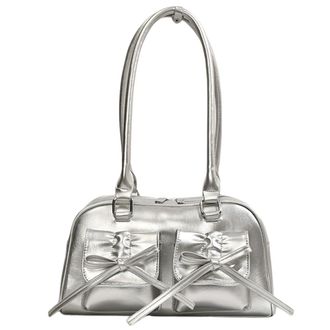 Generic Women Fashion Shoulder Bag Double Pockets PU Leather Stylish Underarm Bag with Simple Shopping Bag Solid Color for Outdoor Party (Silver)