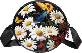 Generic Circle Crossbody Bag for Women, Butterflies Daisies Small Sling Bag Daypack with Zipper Adjustable Shoulder Straps Casual Ladies Girls Round Purse