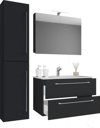 ebuy24 Ebuy24 - Vcm 4 Piezas Lavabo Lavabo Gabinete Inferior Ancho 60 Cm Muebles De Ba&ntilde;o Conjunto Con Cajones Puertas Giratorias Armario De Espejo Badinos (b