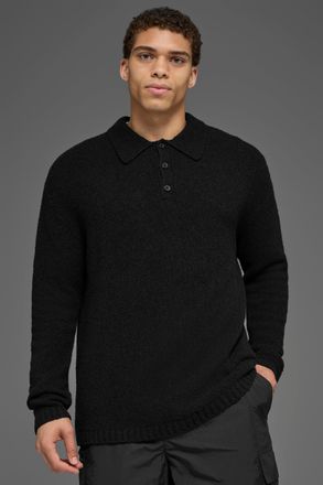 Alo | Textured Knit Long Sleeve Polo Top in Black, Size: Medium