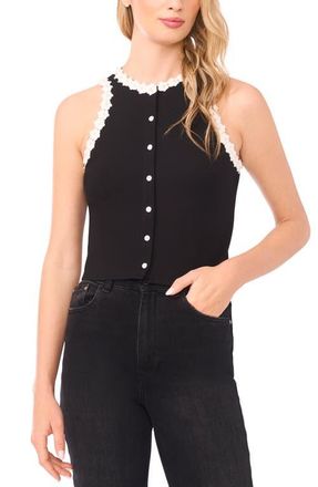 CeCe by Cynthia Steffe Faux Pearl Floral Trim Sleeveless Top in Rich Black at Nordstrom, Size Xx-Small