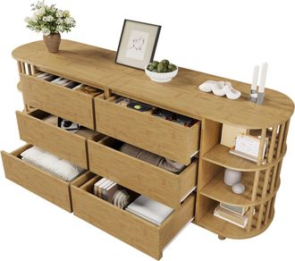 STILVORA Aparador Con 6 Cajones Y Estantes Abiertos De Bamb&uacute;, Dise&ntilde;o Romano, En Mdf Y Bamb&uacute;, 160&times;40&times;75 Cm, Roble