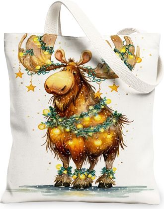 Generic Christmas Moose Canvas Tote Bags, Festive Animal Design Reusable Bags, Winter Fanciful Rustic Lightweight Washable Shoulder Strap Canvas for Travel Be