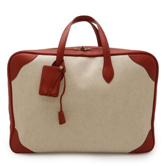 Herm&egrave;s Beige Red Color Toile H Leather Boston Bag (Pre-Owned)