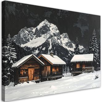 Feeby Cuadro Sobre Lienzo, Paisaje Invernal De Monta&ntilde;a Caba&ntilde;as Bosque Monta&ntilde;a, 120x80