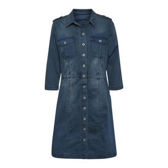 Cream Denim Uniform Dress with &frac34; Sleeves - female - Cream - Shirt Dresses - Blue - 3XL - Dresses