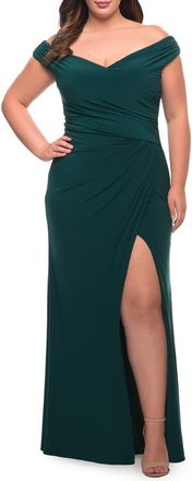 La Femme Matte Jersey Long Plus Dress with Ruching and Slit in Dark Emerald at Nordstrom, Size 20W