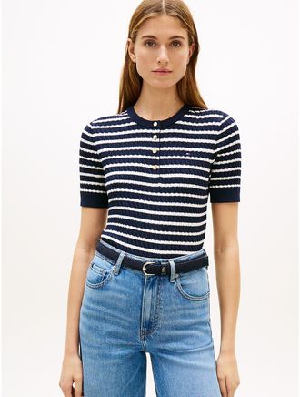 Tommy Hilfiger Womens Short-Sleeve Stripe Cable Knit Henley - Navy - XL