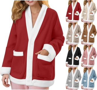 Generic Ladies Fleece Jackets,Bed Jackets for Women Fleece Bed Jacket for Women Uk Soft Casual Button Down V Neck Pyjamas Jacket Thickened Plush Home Wear Com