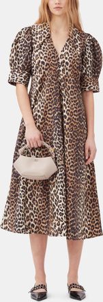 Ganni Mixed Leopard Cotton Poplin V-neck Maxi Dress - Size 32 Organic