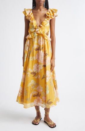 Reiss Lucy Ruffle Midi Dress in Yellow at Nordstrom, Size 12