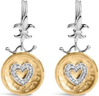 House of Brilliance 18K Yellow Gold Plated Silver 1/8 Ct Diamond Medallion Heart Dangle Earrings at Nordstrom