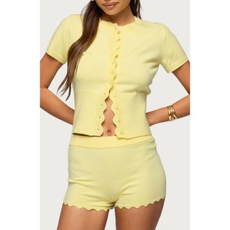 Edikted Rosie Scallop Placket Short Sleeve Cardigan in Yellow at Nordstrom, Size X-Small