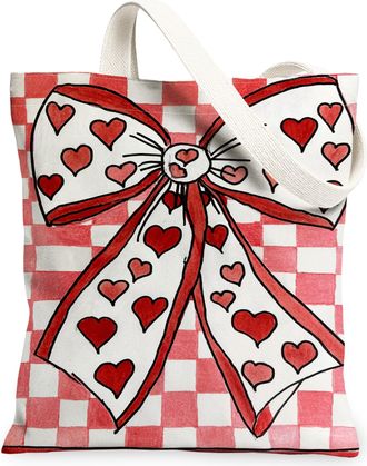 Generic Heart Pattern Canvas Tote Bags, Vintage Checkered Design Reusable Grocery Bags, Lightweight Washable Shoulder Strap Canvas, Red, 13x15 Inch