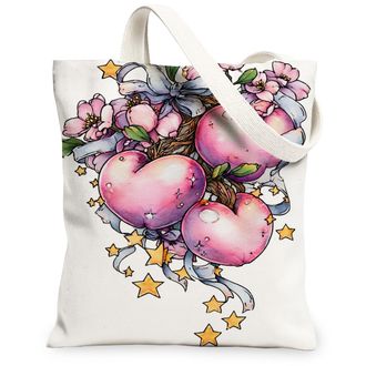 Generic Heart Floral Canvas Tote Bags, Artistic Blossom Pattern Reusable Grocery Bags, Spring Vintage Lightweight Washable Shoulder, White, 13x15 Inch